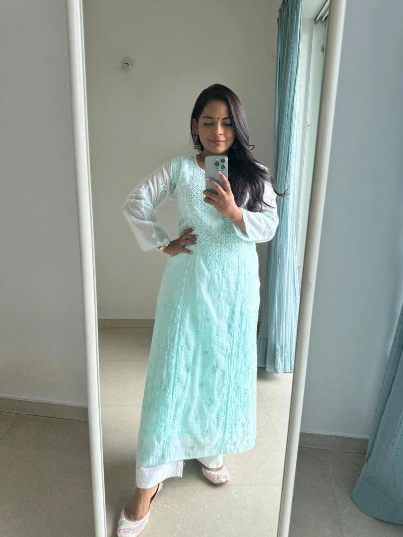 Cyan Green Kota Cotton Chikankari Kurti