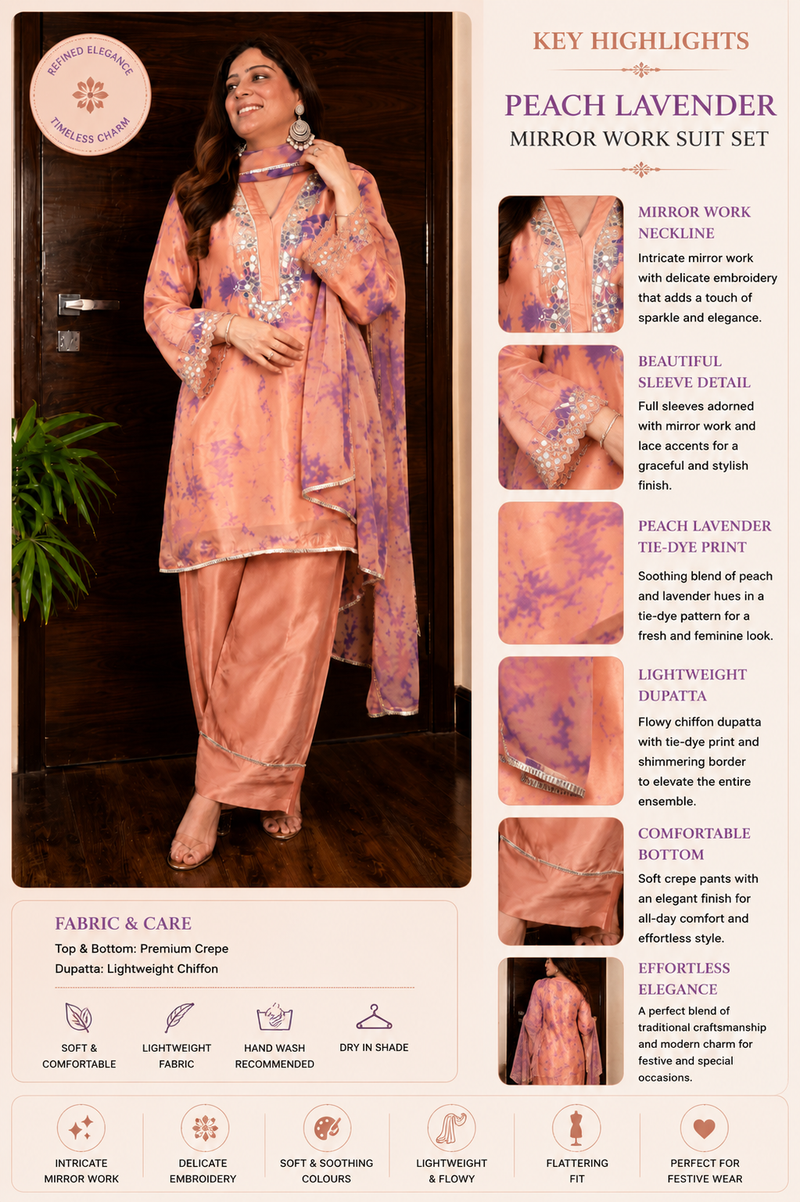 Peach Lavender Mirror Work Suit Set