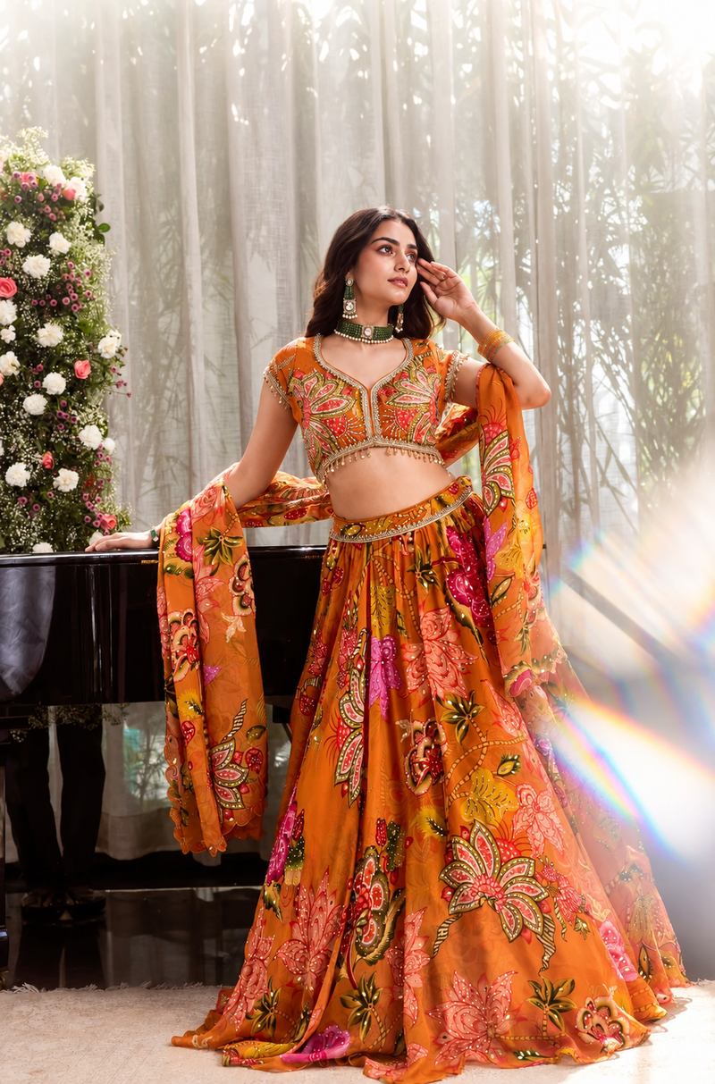 Mariya Orange Floral Printed Lehenga Set