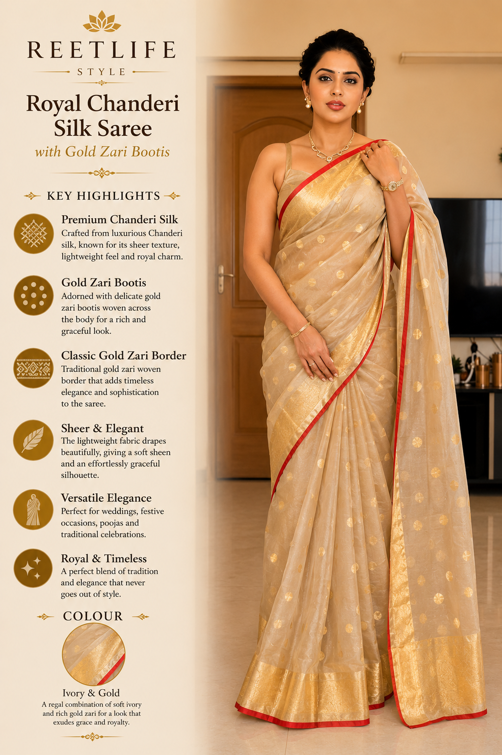 Royal Chanderi Silk Saree with Gold Zari Bootis
