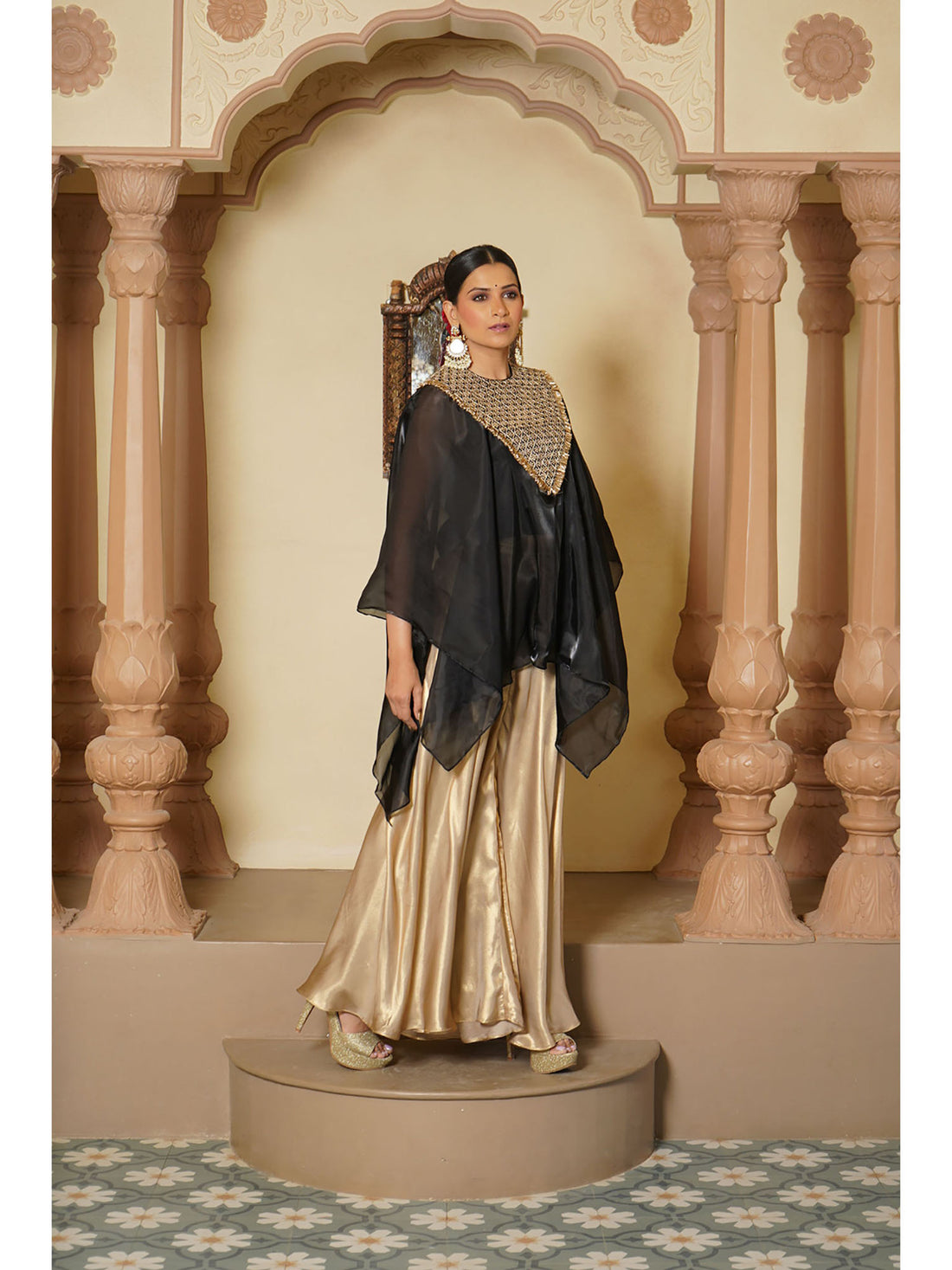 Noir Embroidered Kaftan & Satin Palazzo Ensemble