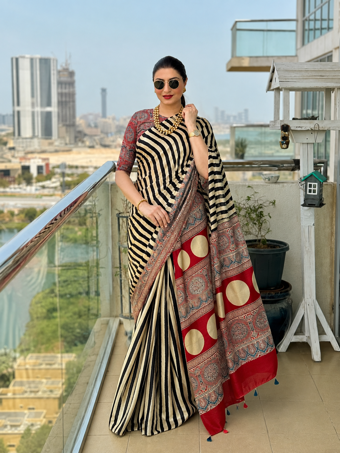 Rangrez Ajrakh Stripes Saree