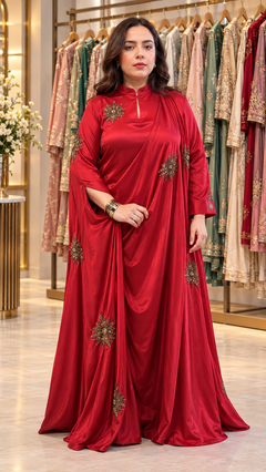 Crimson Elegance Embellished Draped Satin Gown