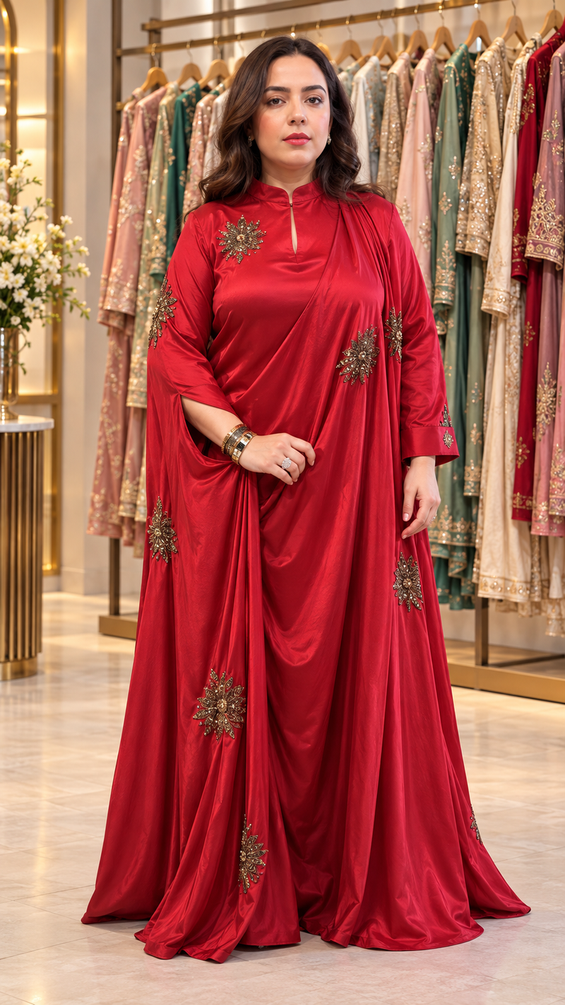 Crimson Elegance Embellished Draped Satin Gown