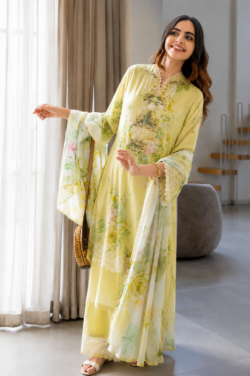 Women's Yellow Floral Print Crepe Kurta Set