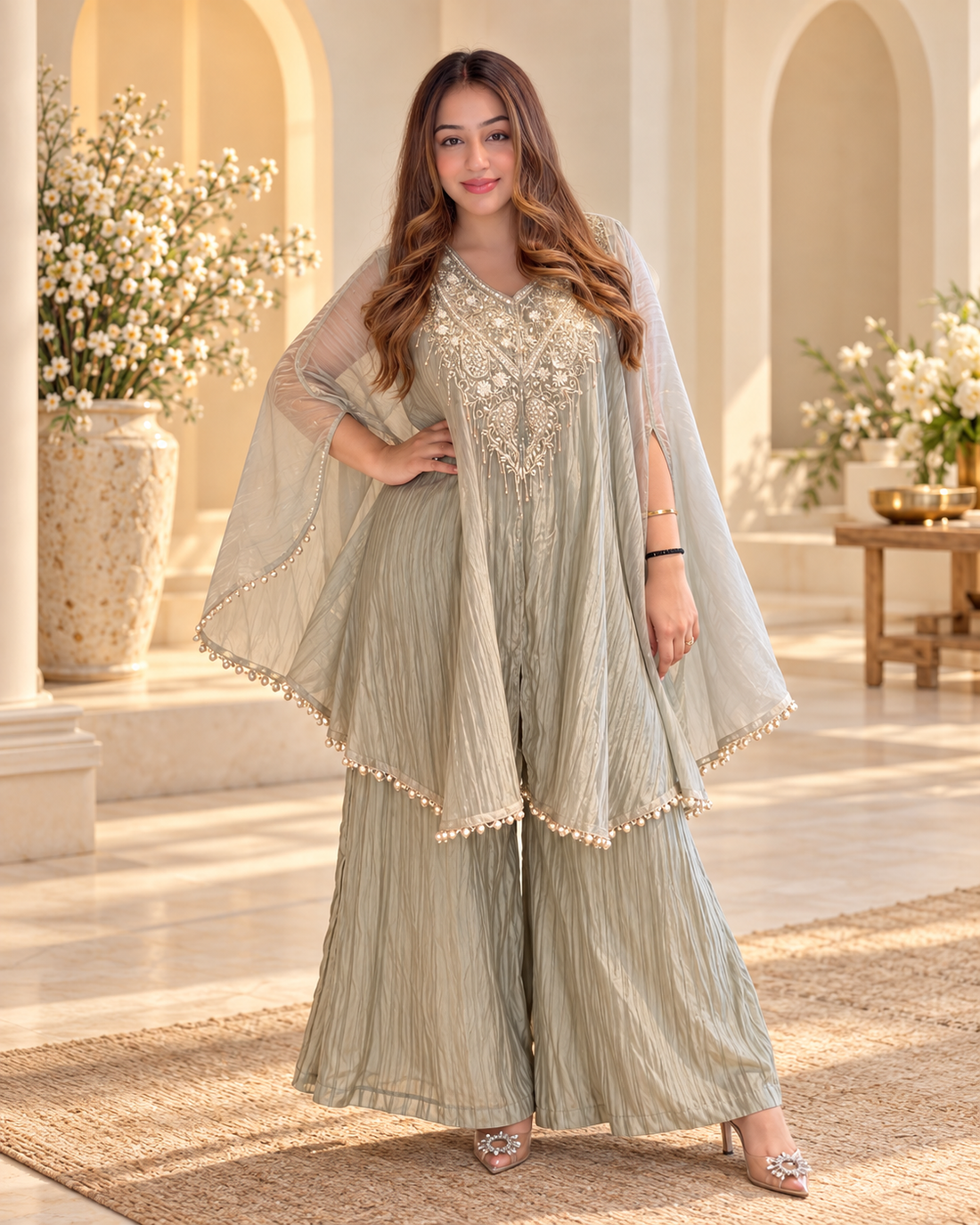 Noor-E-Zar Sage Grey Embroidered Kaftaan Palazzo Set
