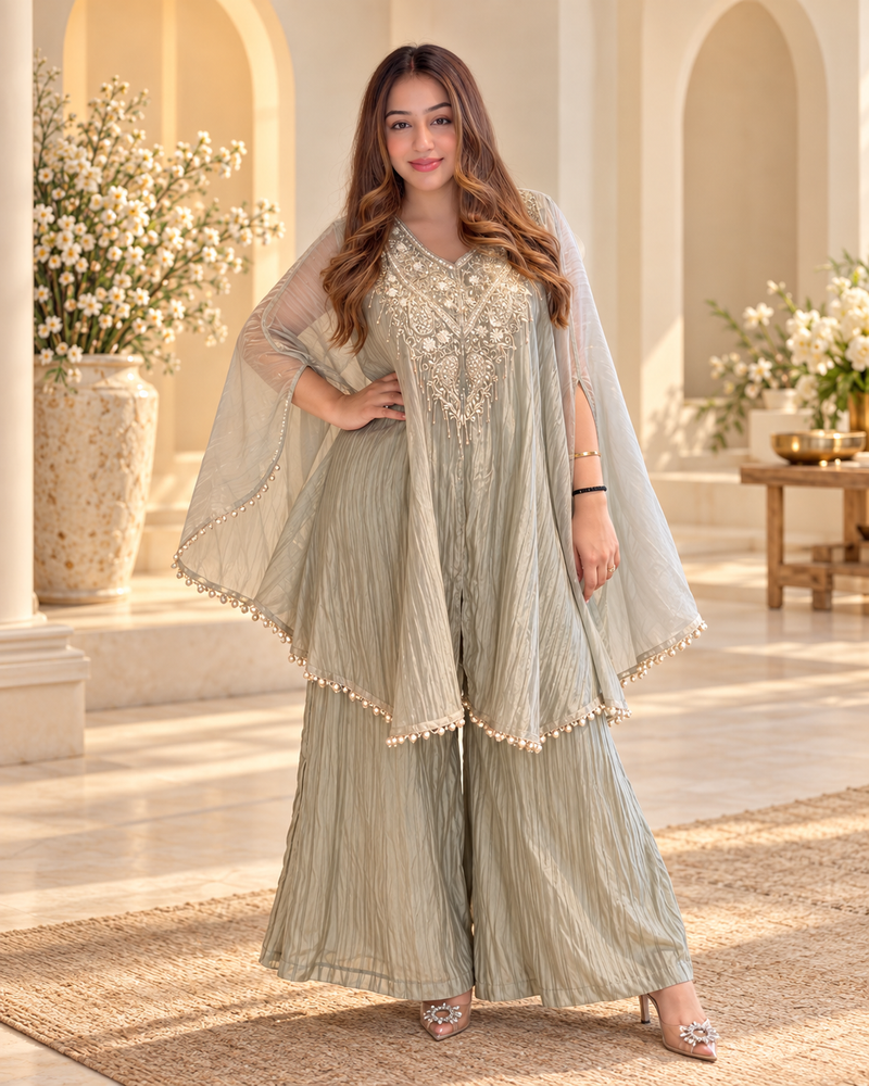 Noor-E-Zar Sage Grey Embroidered Kaftaan Palazzo Set