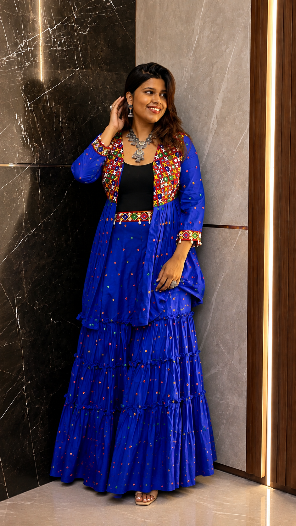 Royal Blue Kutchi Embroidered Peplum Sharara Set