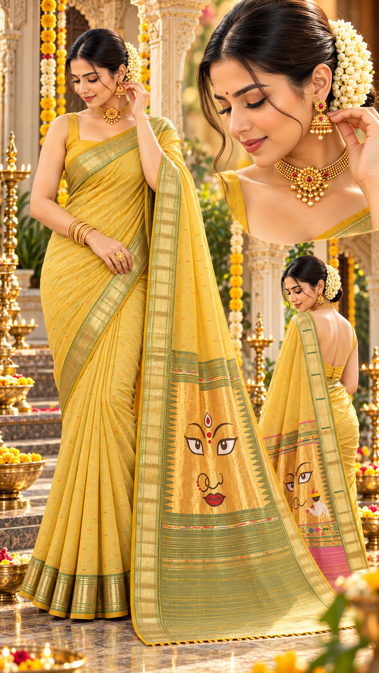Traditional Maharashtrian Devi Varn Temple Design Zari Border Cotton Paithani Saree