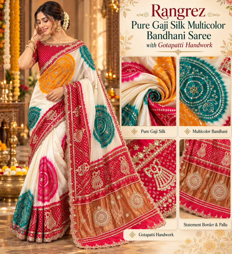 Pure Gaji Silk Multicolor Bandhani Saree with Gotapatti Handwork