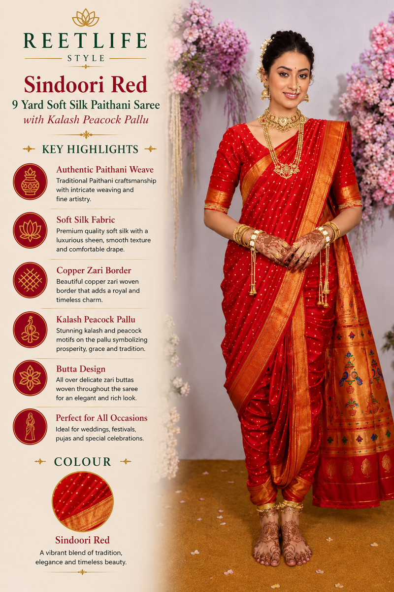 Sindoori Red 9 Yard Soft Silk Paithani Saree with Kalash Peacock Pallu