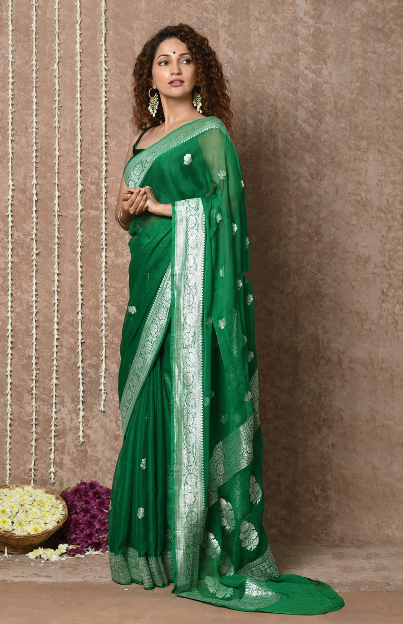 Dark Green Handloom Khaddi Georgette Saree With Sleek Border