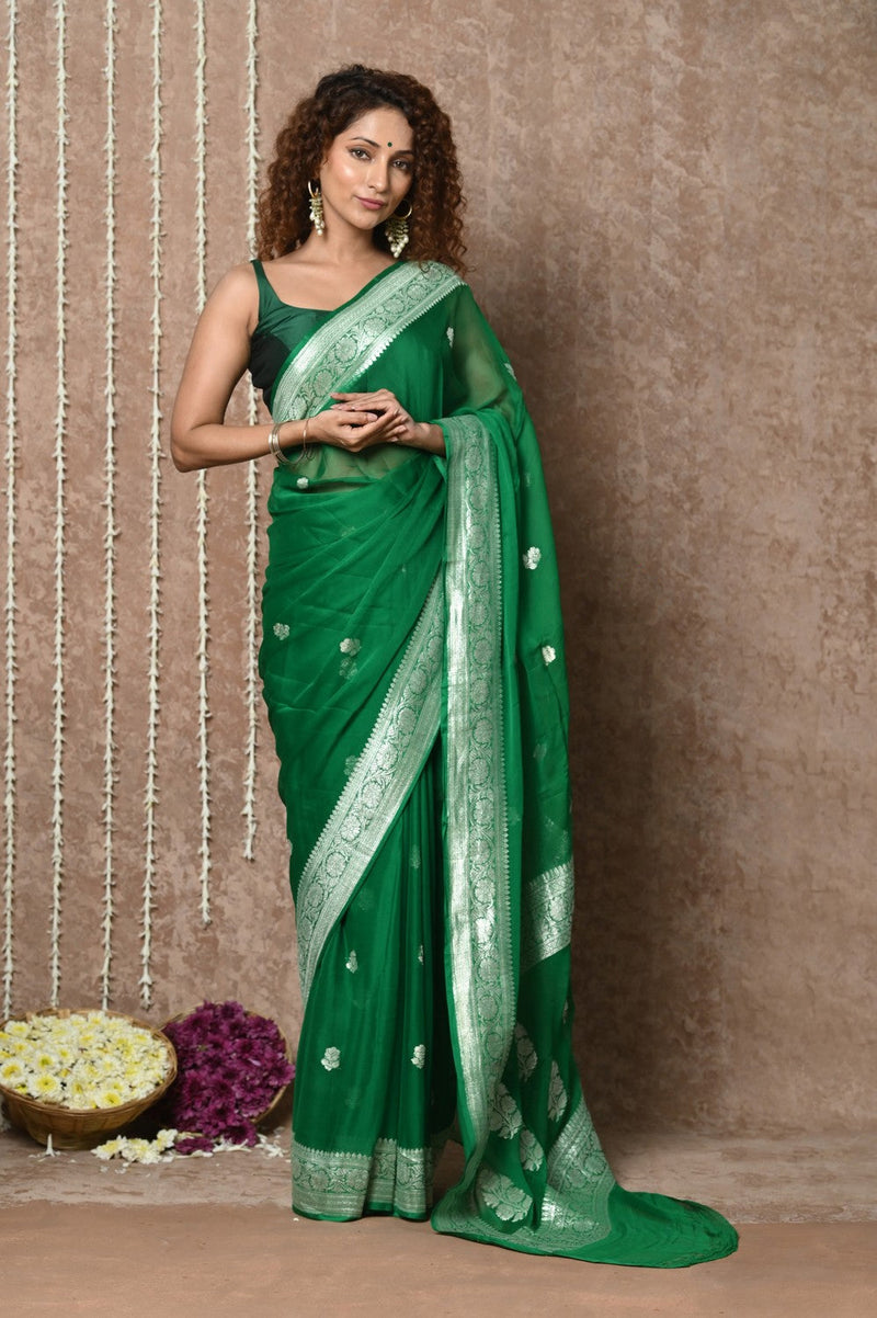 Dark Green Handloom Khaddi Georgette Saree With Sleek Border