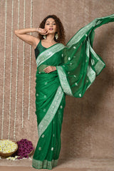 Dark Green Handloom Khaddi Georgette Saree With Sleek Border