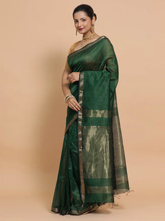 Dark Green Maheshwari Silk Cotton Saree