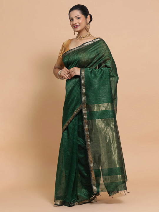 Dark Green Maheshwari Silk Cotton Saree