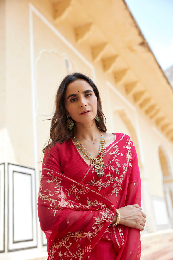 Dark Pink Hand Embroidered Aari Zardozi Chiffon Saree