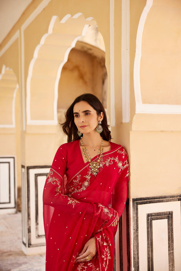 Dark Pink Hand Embroidered Aari Zardozi Chiffon Saree