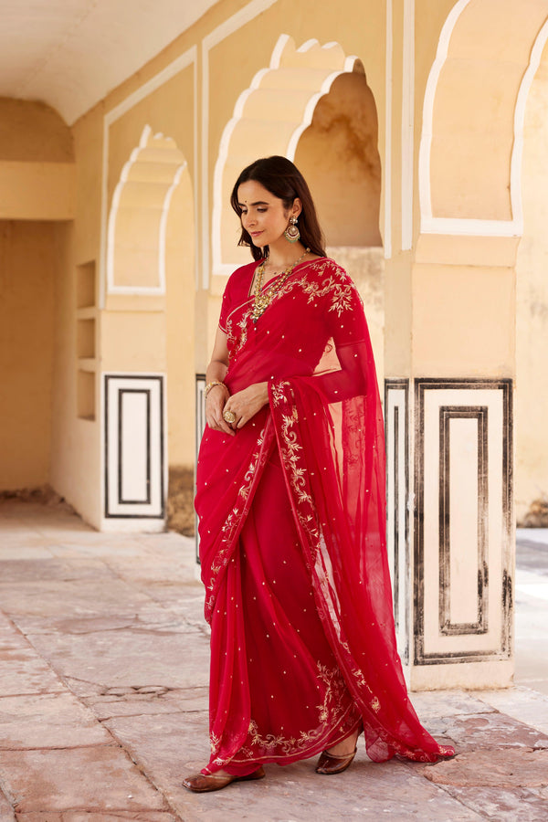 Dark Pink Hand Embroidered Aari Zardozi Chiffon Saree