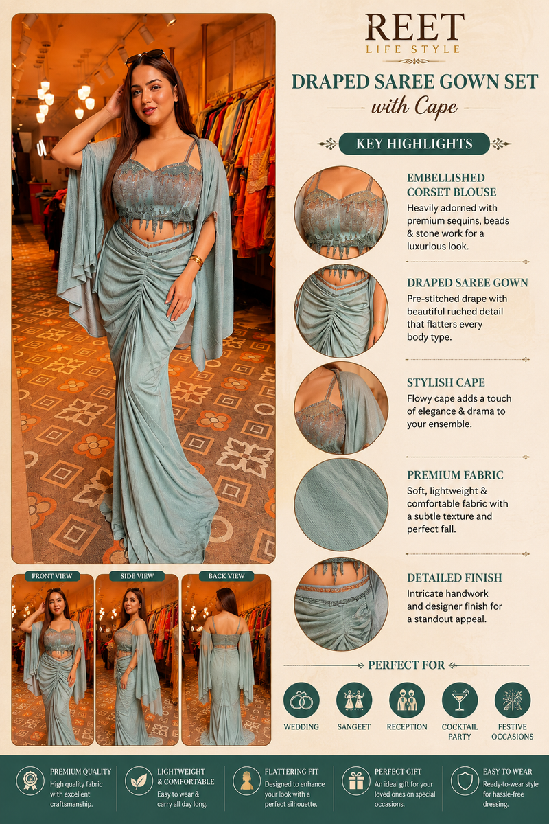Astera Luxe Draped Saree Gown Set with Cape
