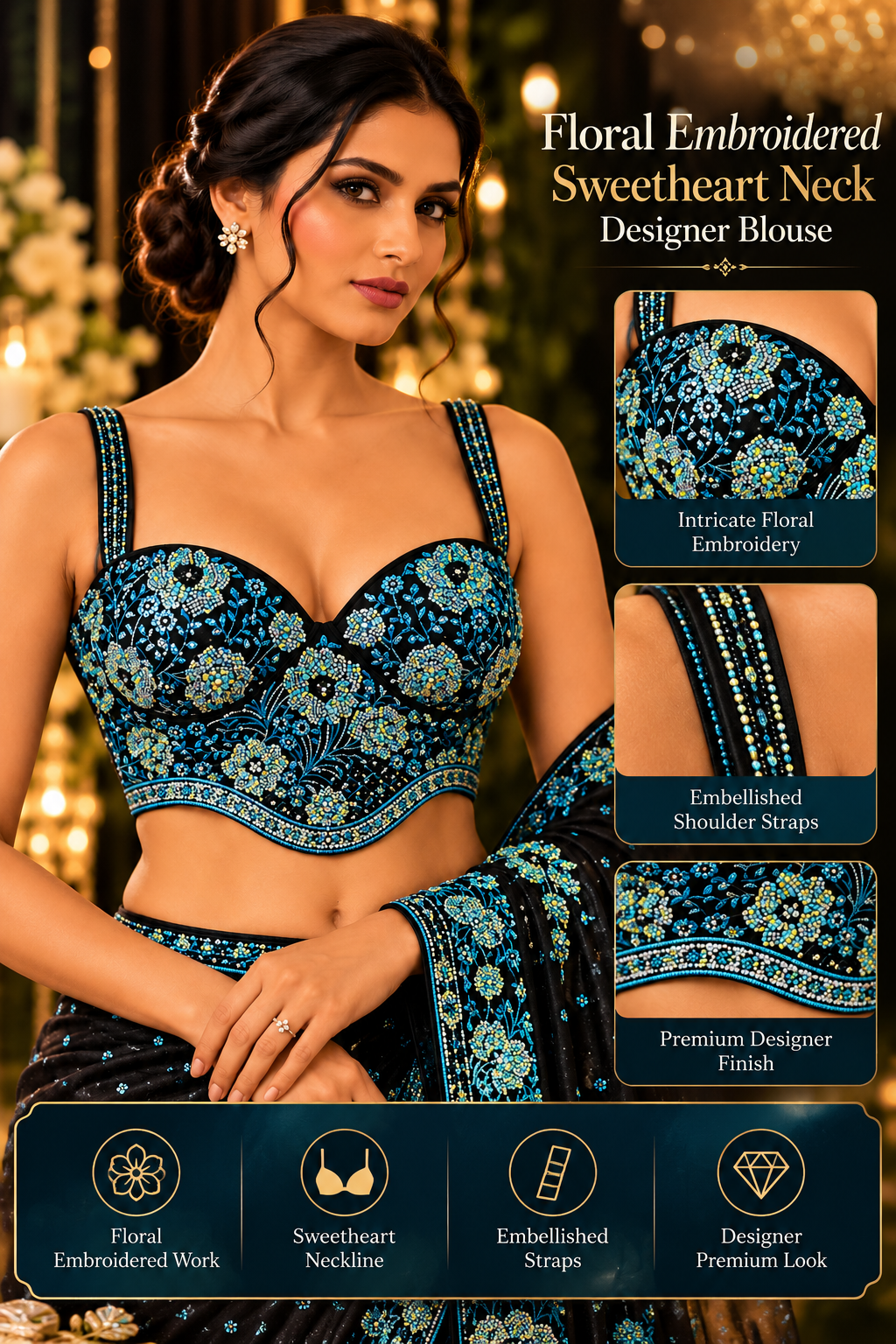 Floral Embroidered Sweetheart Neck Designer Corset Blouse