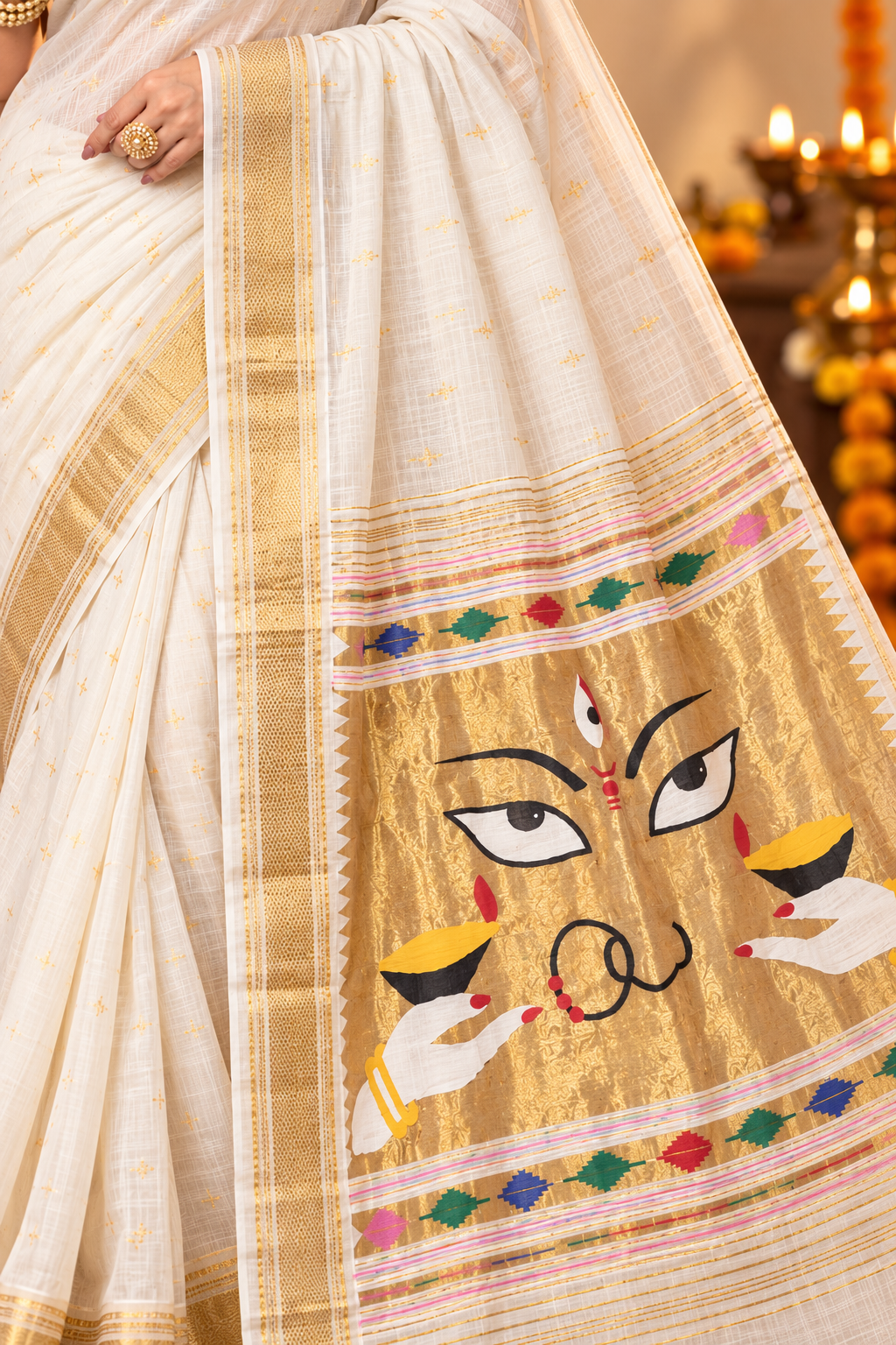 Traditional Maharashtrian Devi Varn Temple Design Zari Border Cotton Paithani Saree