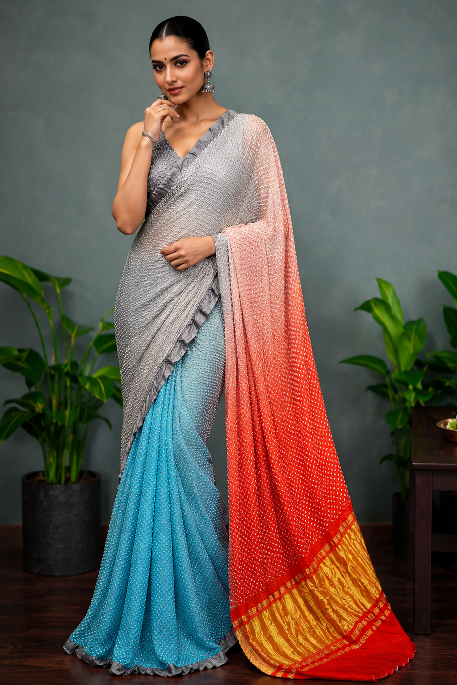 Gujrati Gaji Silk Rasmandal Bandhej saree with blouse