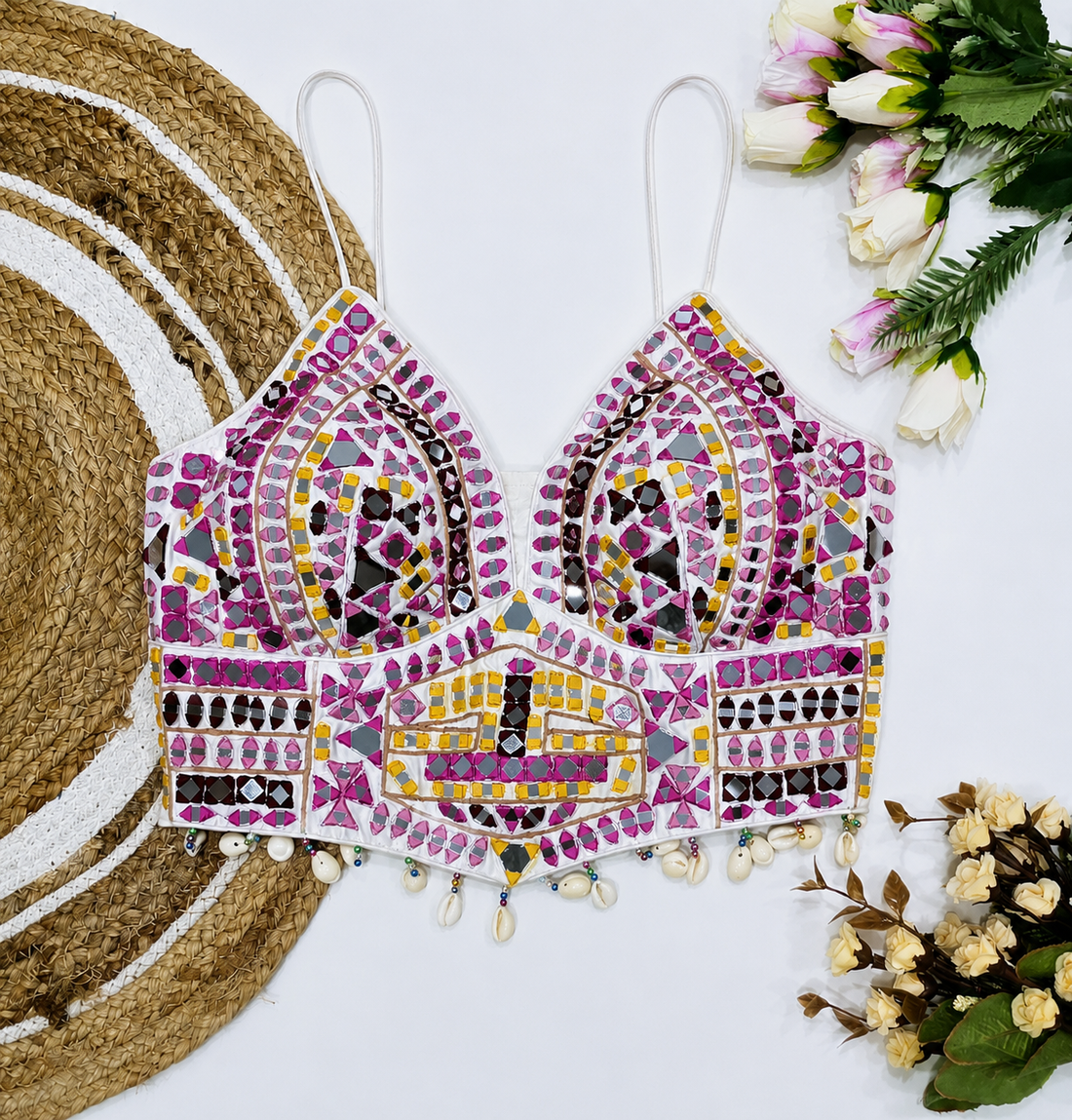 Rani Pink Mirror Work Designer Blouse with Shell Tassels