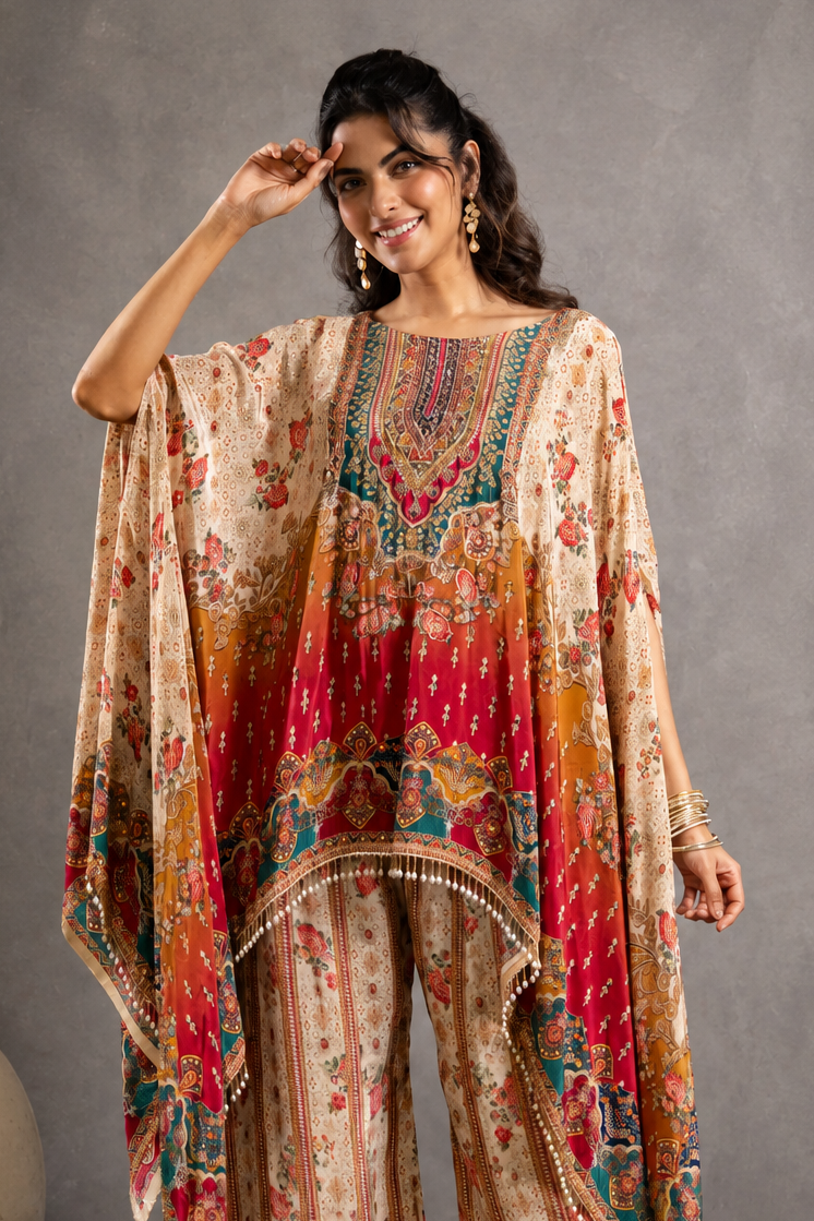Jewel Print Crepe Kaftan Set