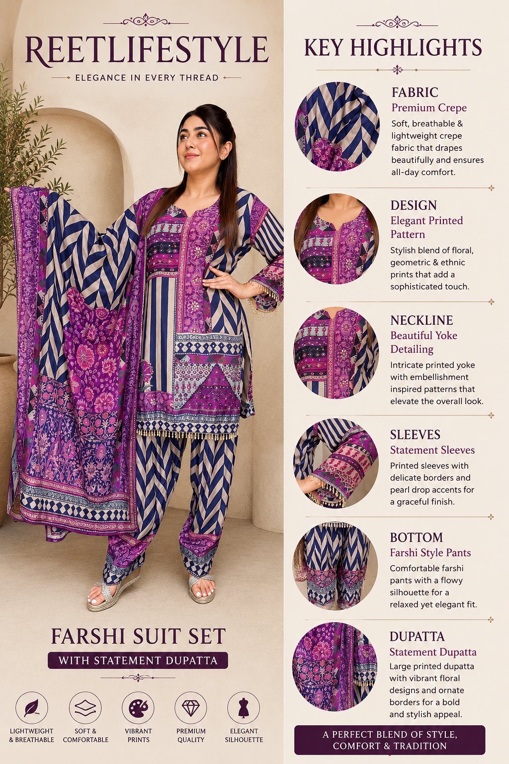 Purple Ethnic Printed Farshi Suit Set with Coordinated Dupatta