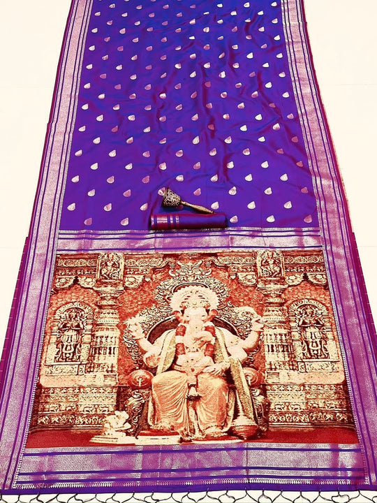 Deep purple paithani silk ganpati design saree
