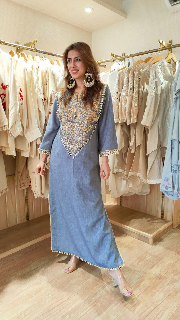 Cotton Denim Blue Grey Kaftan Dress – Reet Lifestyle