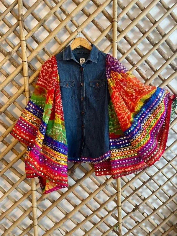 Fusion Denim Peplum shirt with Bandhani Silk Frill & Zari Accents