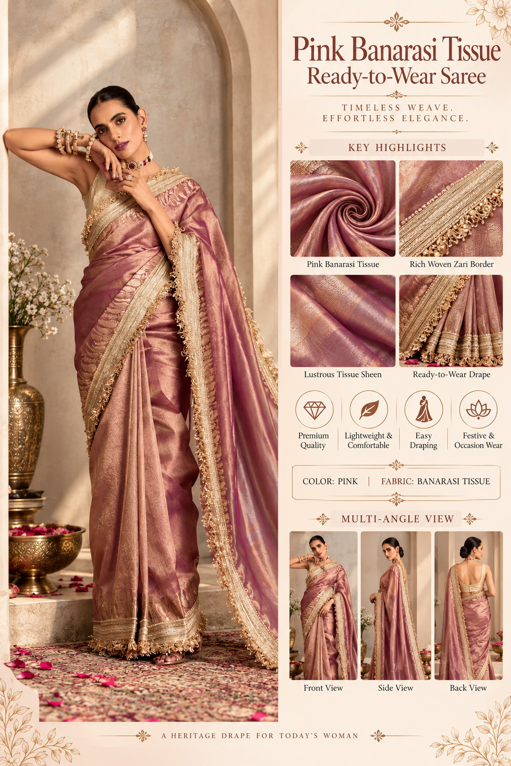 Pink Banarasi Tissue Ready-to-Wea Saree