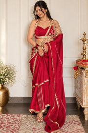 Ruby Red Satin Organza Saree with Rose Gold Gota Star Work