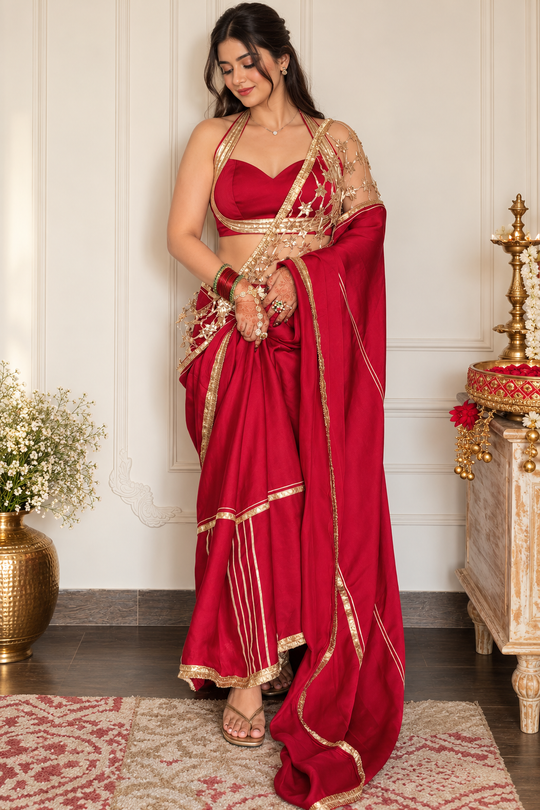 Ruby Red Satin Organza Saree with Rose Gold Gota Star Work