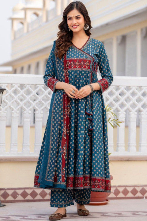 Neel Noor Ethnic Motifs Printed Angrakha Pure Cotton Anarkali Set with Dupatta