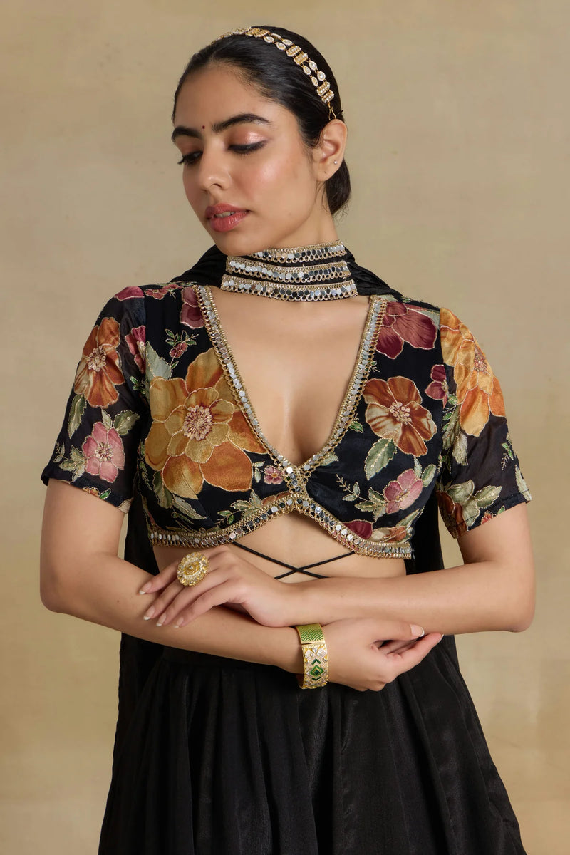 Noir Elegance Embroidered Chinnon Lehenga Set