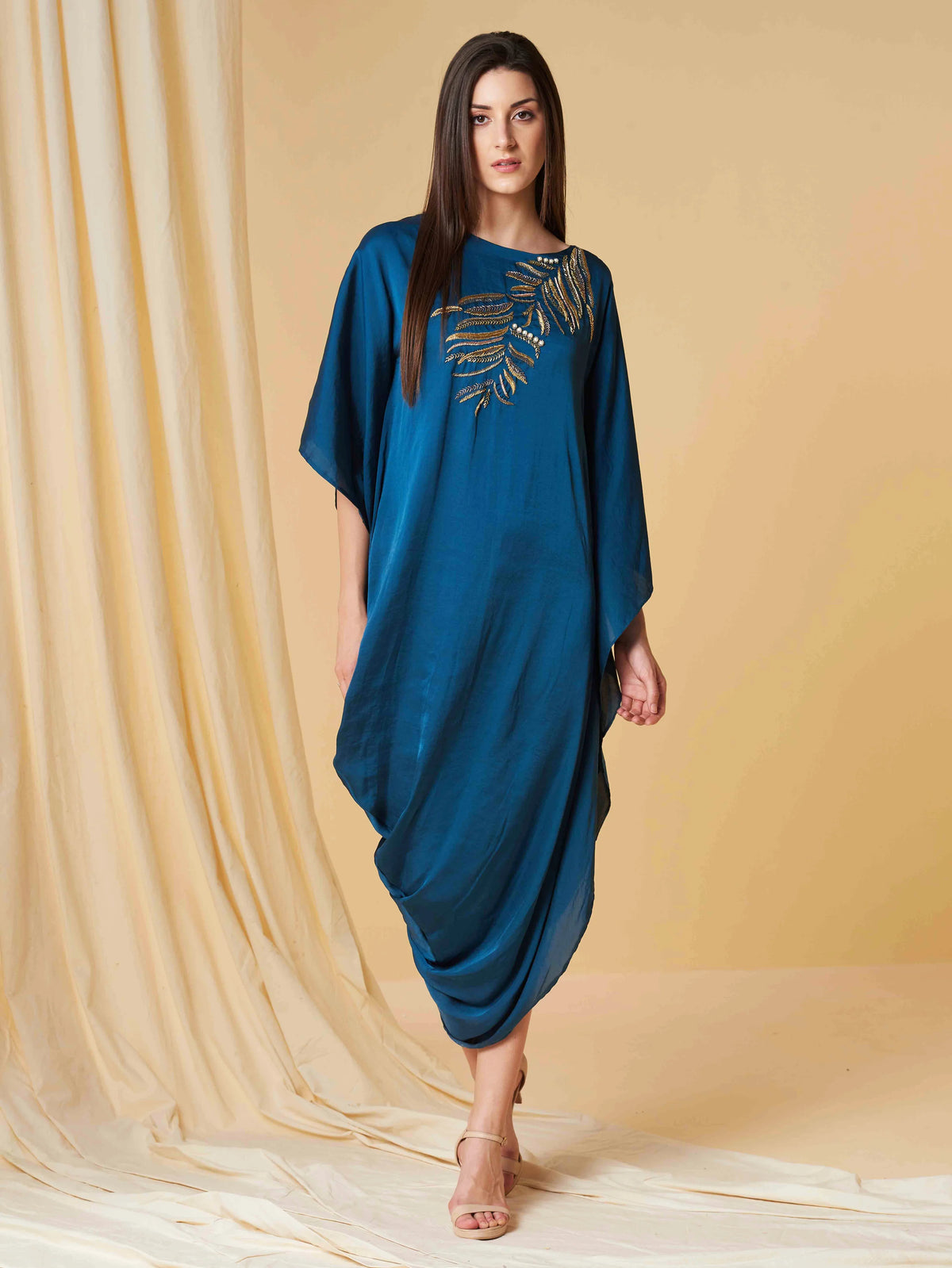 Prussian Blue Quilla Draped Dress with Embroidered Neckline