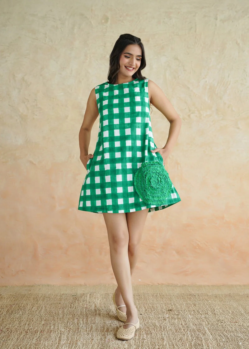 Noor Emerald Checks Cotton Mini Dress