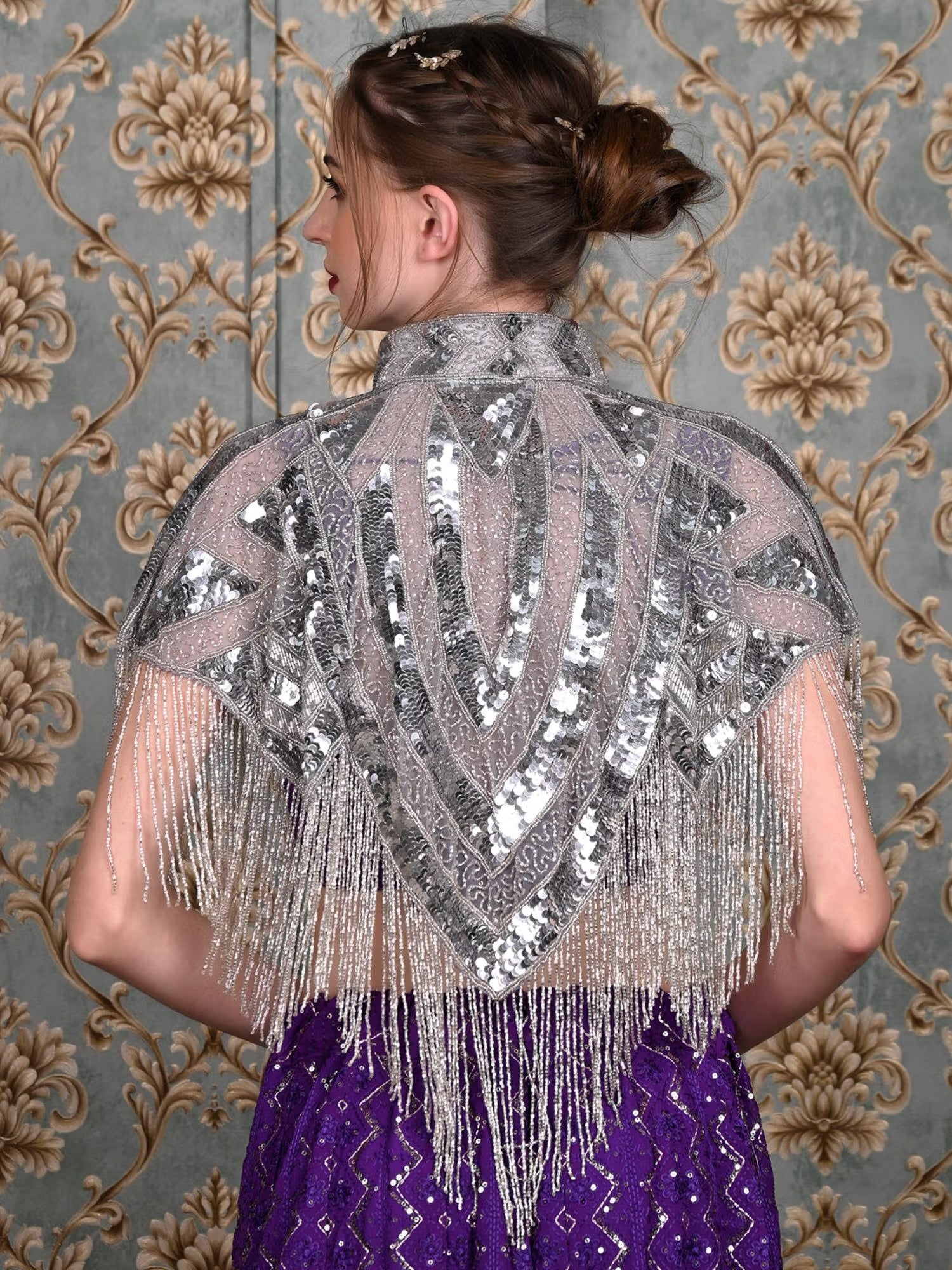Grey Embellished Beaded High Neck Cape