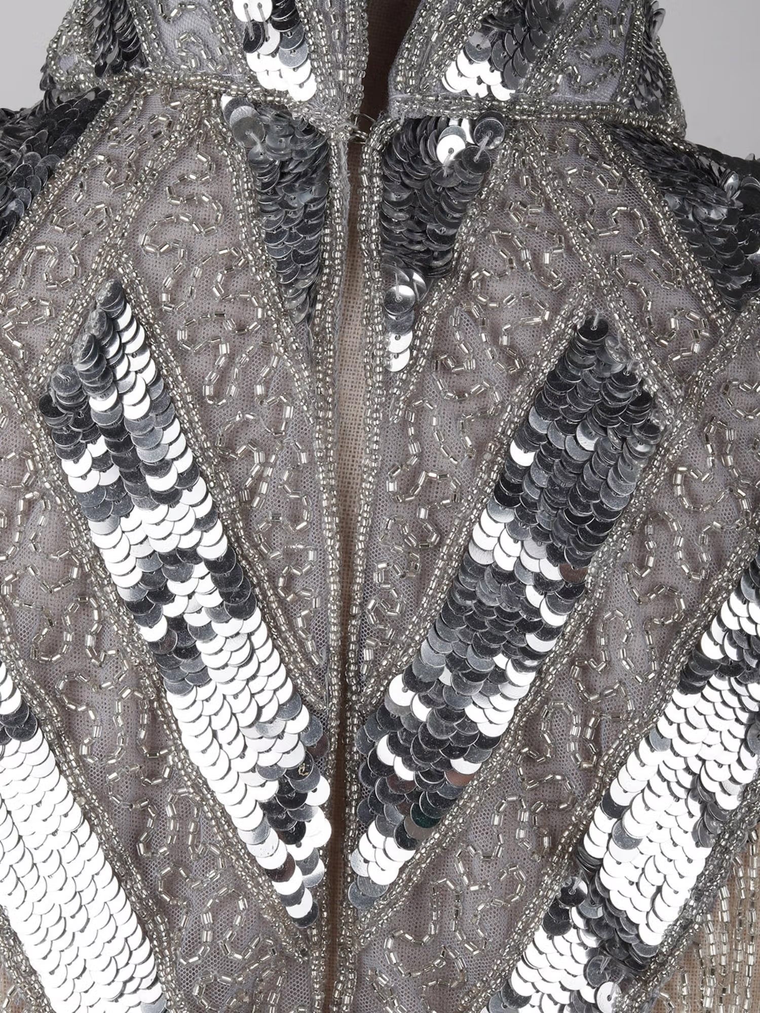 Grey Embellished Beaded High Neck Cape