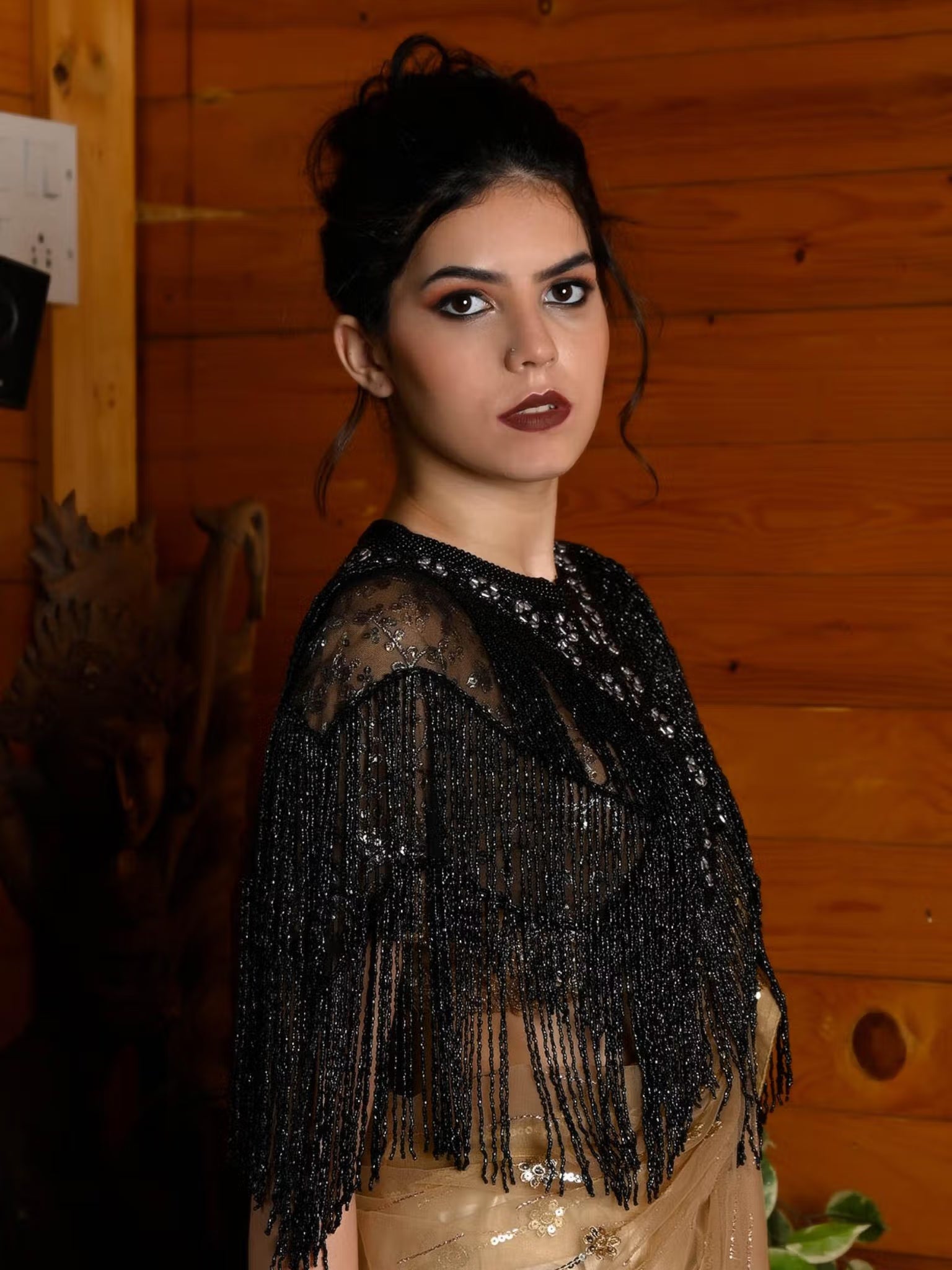 Black Embellished Beaded Crew Neck Cape