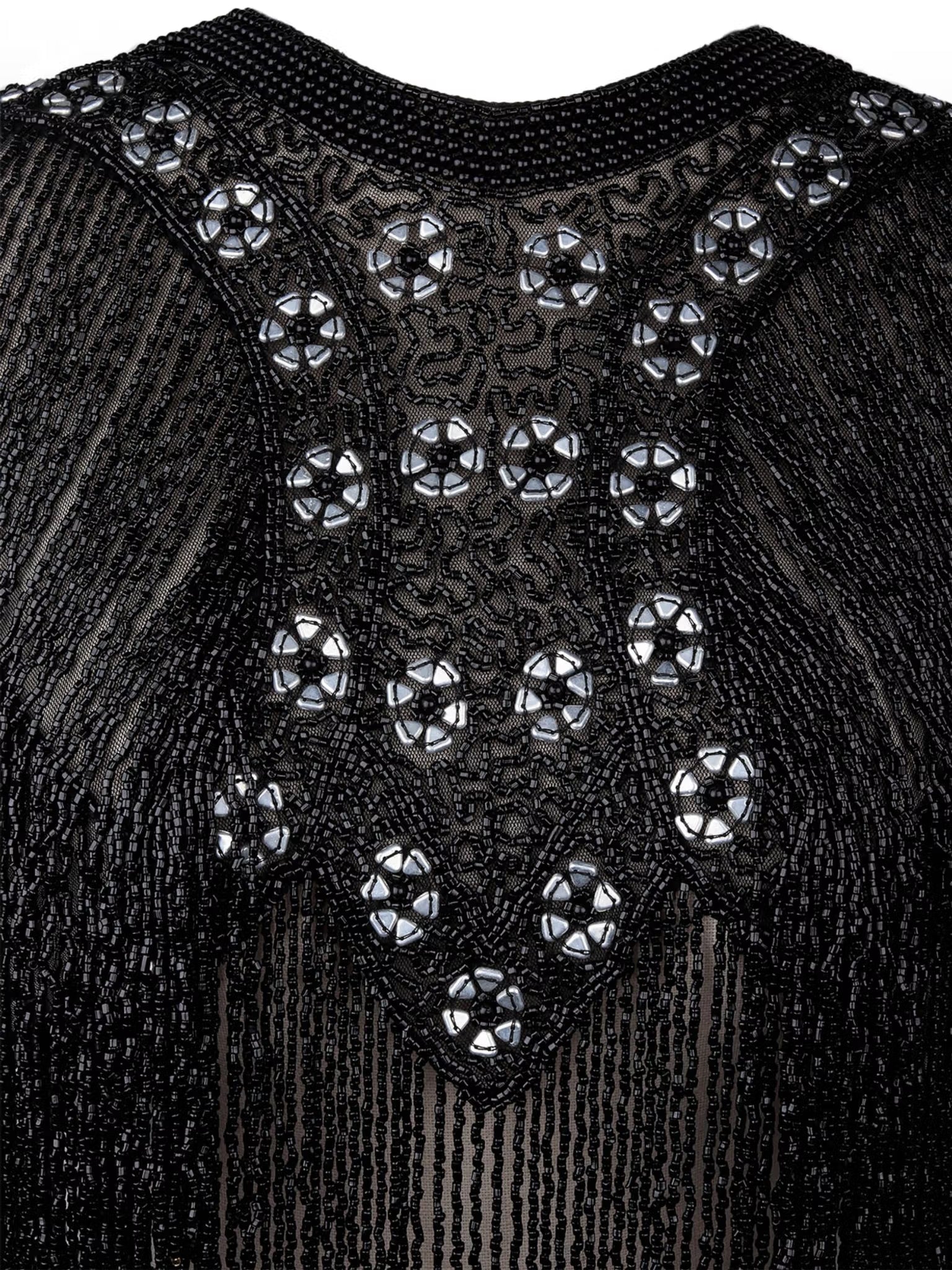 Black Embellished Beaded Crew Neck Cape