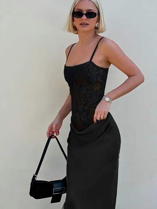 Green Flat Jersey Lace-Trimmed Maxi Dress