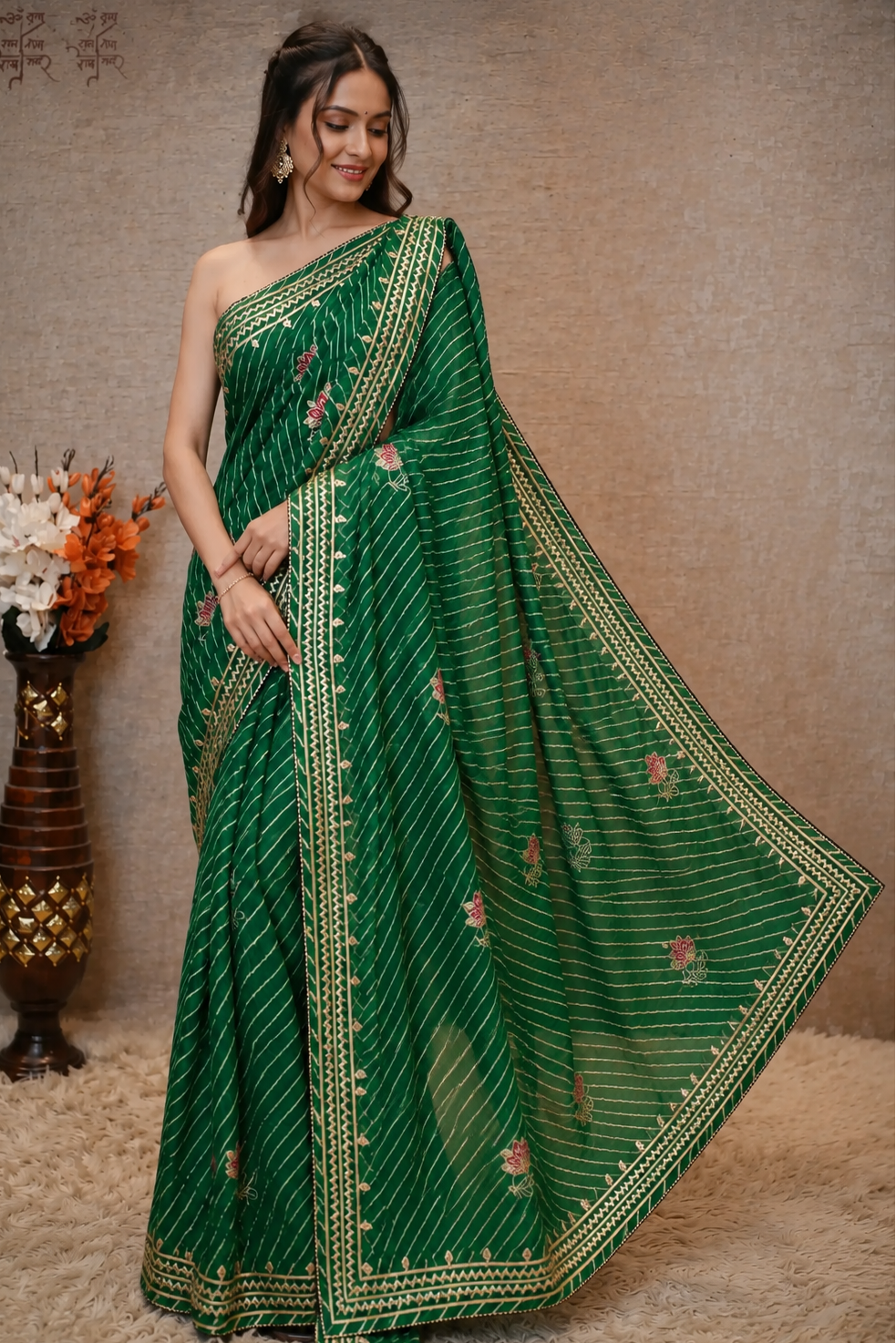 Rani Pink Leheriya Saree with Handcrafted Kacchi Gota Patti Work