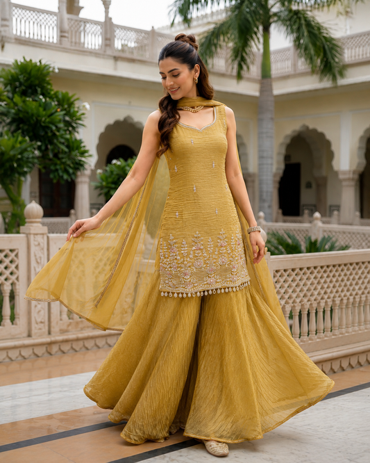 Ethnic Mustard Sharara Set with Delicate Embroidery