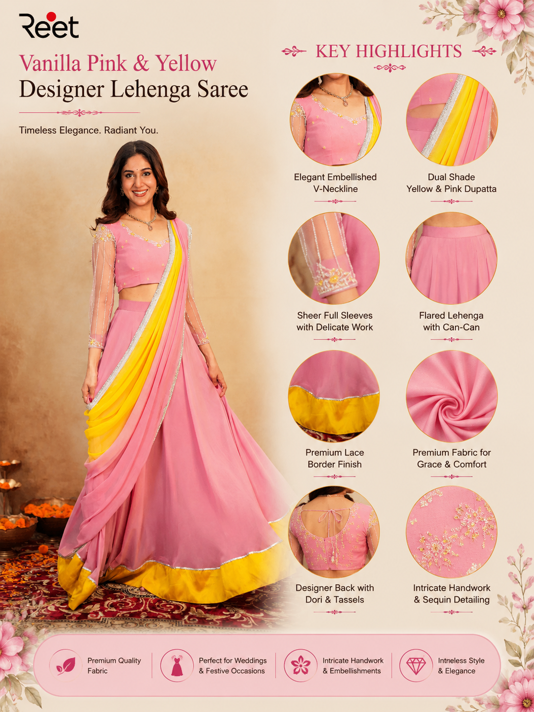 Vanilla Pink & Yellow Designer Lehenga Saree