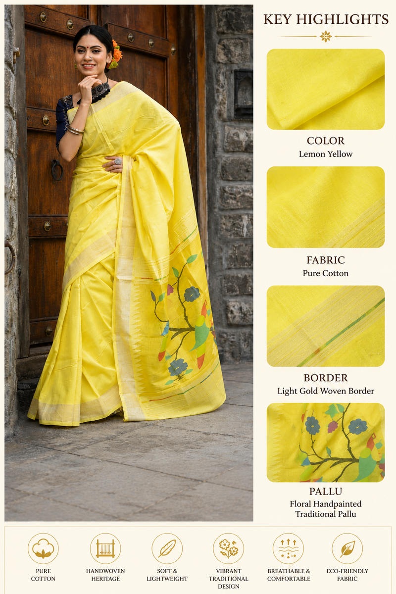 Pure Cotton Handloom Paithani Saree Lemon Yellow Designer Edition