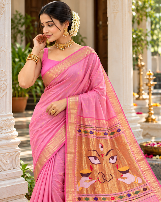Traditional Maharashtrian Devi Varn Temple Design Zari Border Cotton Paithani Saree